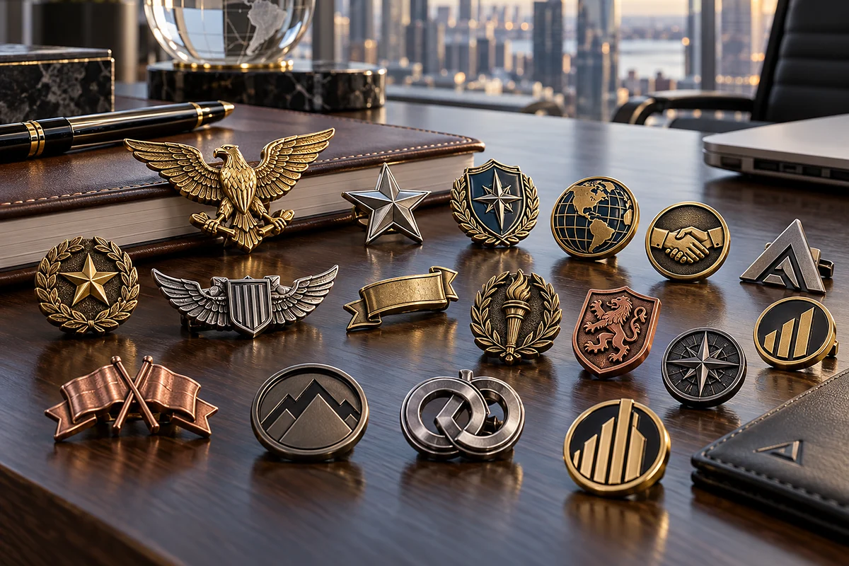 Pins 3D fundidos personalizados en oro antiguo, plata y cobre sobre un escritorio ejecutivo