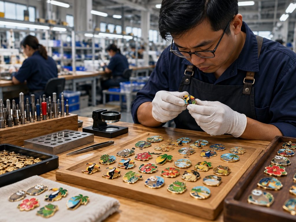 Control de calidad: artesano revisando pins esmaltados personalizados en la fábrica