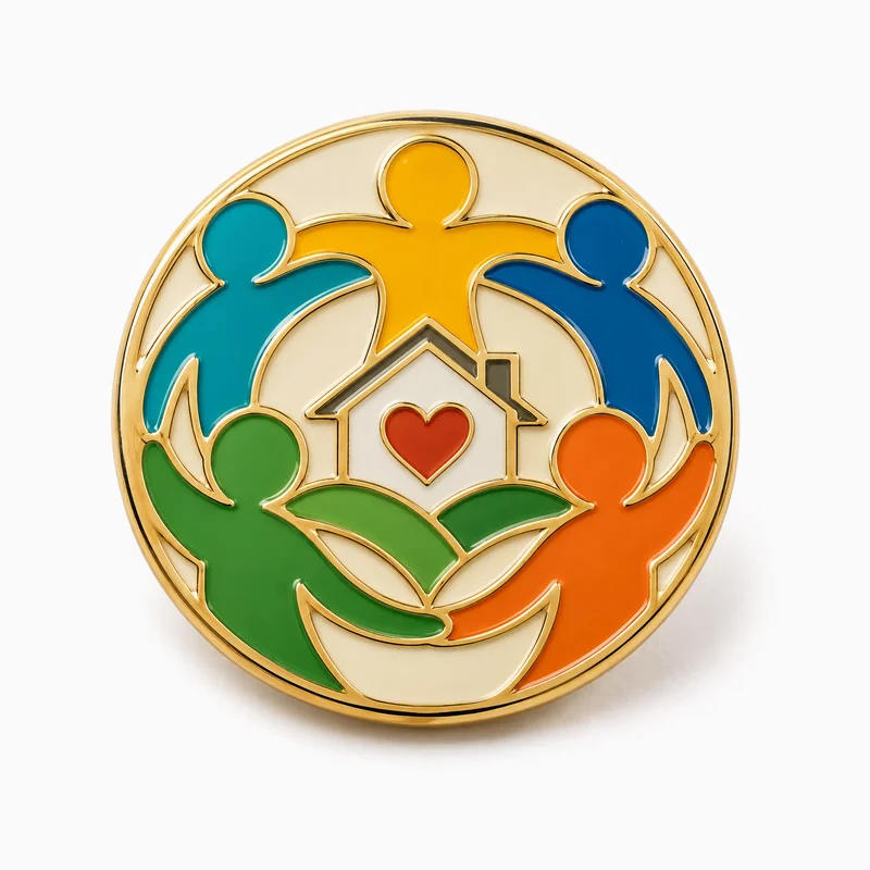 Pin redondo esmaltado dorado de comunidad con cinco figuras alrededor de una casa con corazón