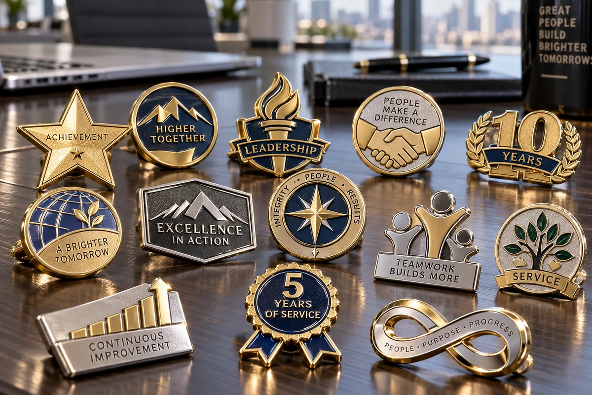 Pins troquelados dorados de reconocimiento y de años de servicio sobre un escritorio ejecutivo