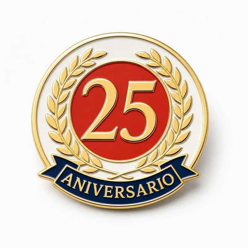 Pin ilustrativo redondo dorado de esmalte duro de aniversario con un 25 grande sobre esmalte rojo, una corona de laurel y una cinta azul marino con el texto ANIVERSARIO