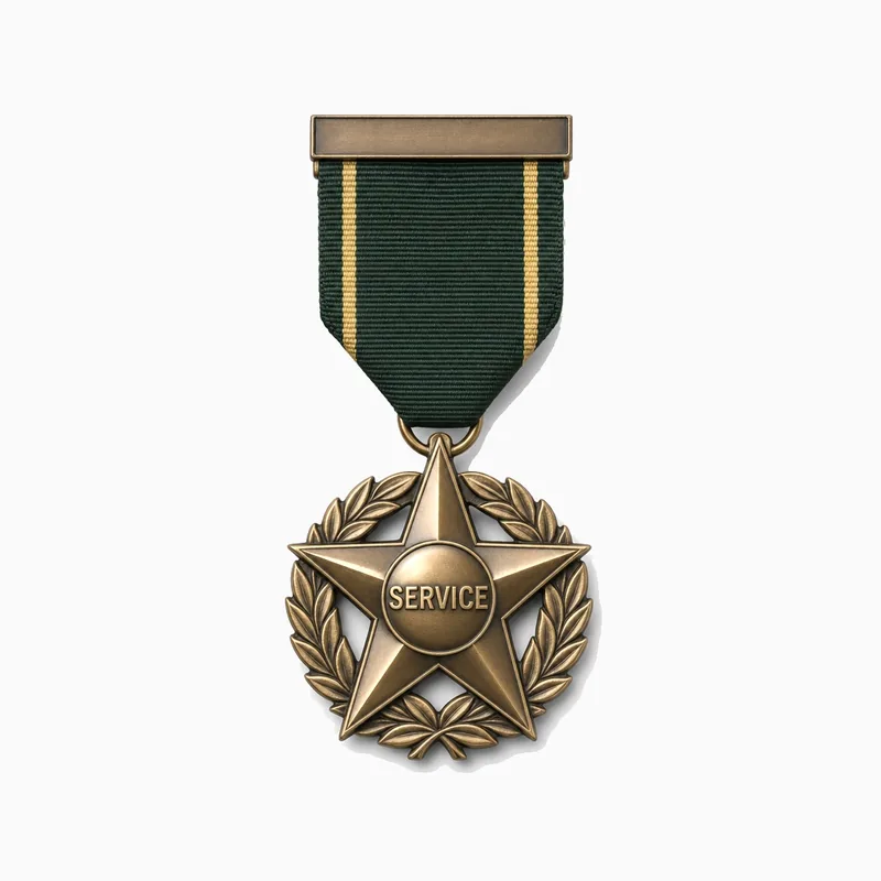 Medalla de servicio de bronce antiguo en forma de estrella con corona de laurel, con cinta verde oscuro a rayas