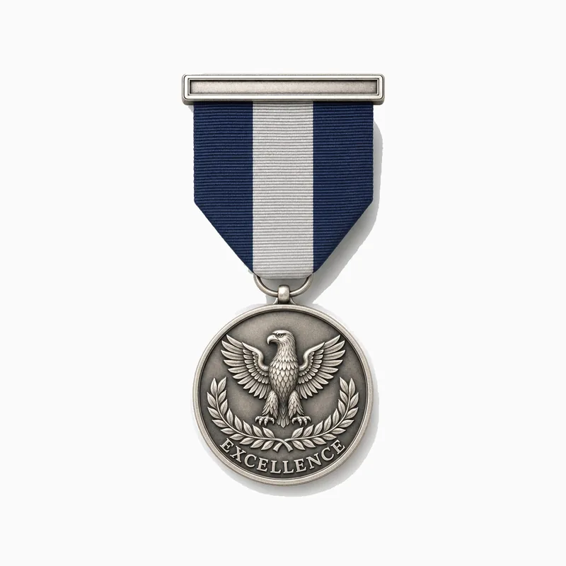Medalla a la excelencia de plata antigua con águila y laurel, con cinta azul marino y gris
