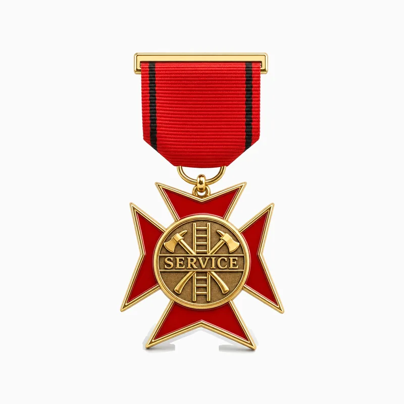 Medalla de servicio dorada para bomberos con cruz de Malta, esmalte rojo, hachas y escalera, con cinta roja