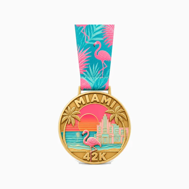 Medalla dorada del maratón MIAMI 42K con flamenco, palmeras, un edificio Art Déco y esmalte de atardecer rosa, con cinta turquesa y rosa con flamencos
