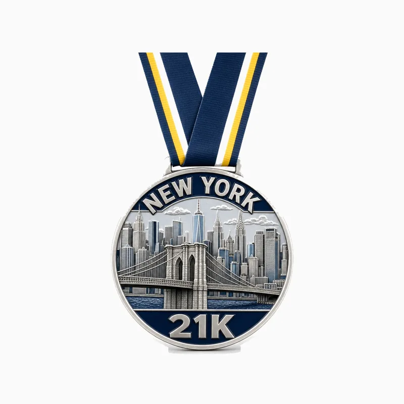 Medalla plateada del medio maratón NEW YORK 21K con el perfil de la ciudad y un puente colgante en relieve, con cinta azul marino con franja amarilla