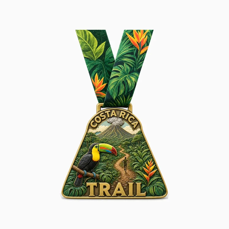 Medalla de oro antiguo en forma de volcán de la carrera COSTA RICA TRAIL con un tucán, un sendero en la selva y un volcán, con cinta verde de hojas de selva