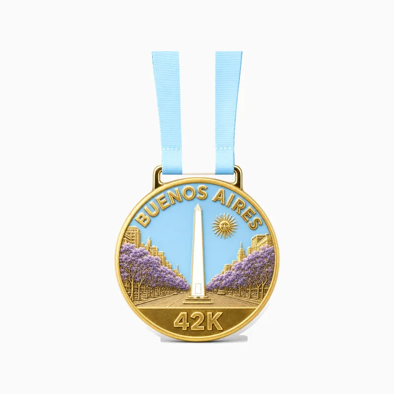 Medalla dorada del maratón BUENOS AIRES 42K con el Obelisco, una avenida con jacarandas y esmalte celeste, con cinta celeste y blanca