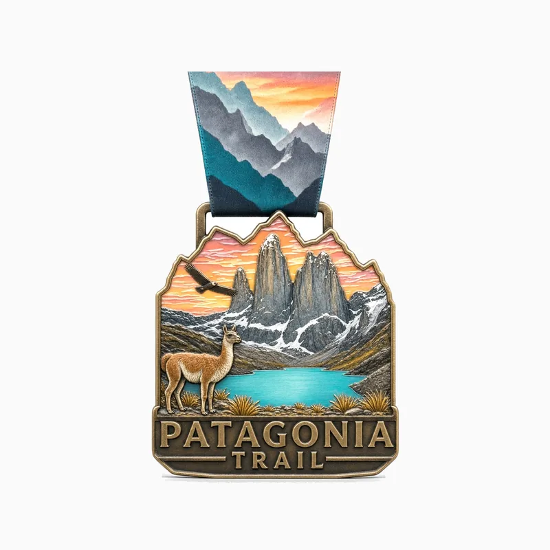 Medalla de bronce antiguo de la carrera PATAGONIA TRAIL con torres de granito, un lago turquesa, un guanaco y un cóndor, con cinta estampada con montañas