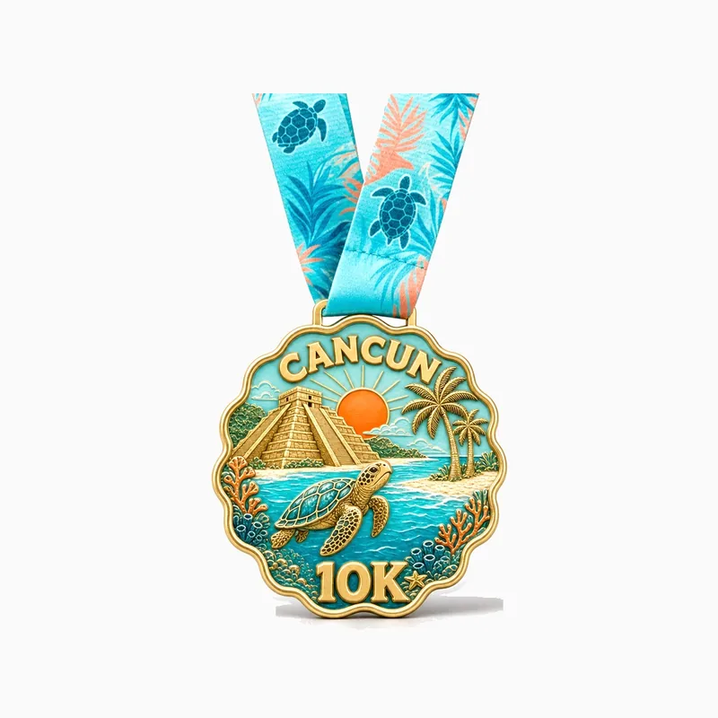 Medalla dorada con borde ondulado de la carrera CANCUN 10K con una tortuga marina, una pirámide maya, palmeras y esmalte turquesa del Caribe, con cinta turquesa y coral