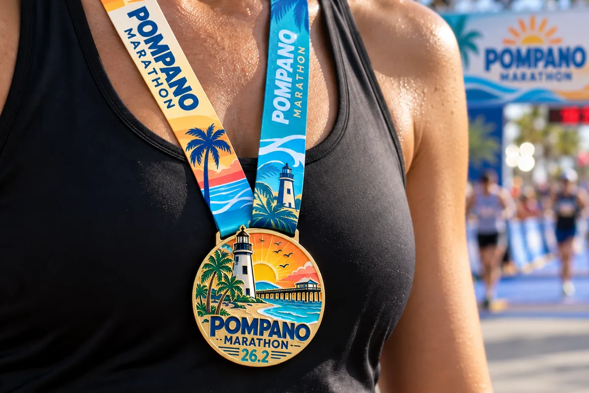 Corredora en la meta con una medalla dorada del Pompano Marathon 26.2 con faro, palmeras y muelle, en un lanyard con motivos de playa, y el arco de meta al fondo