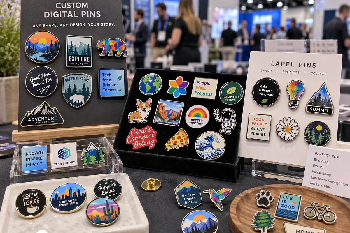 Pins impresos digitales y pins personalizados exhibidos en un stand de feria comercial