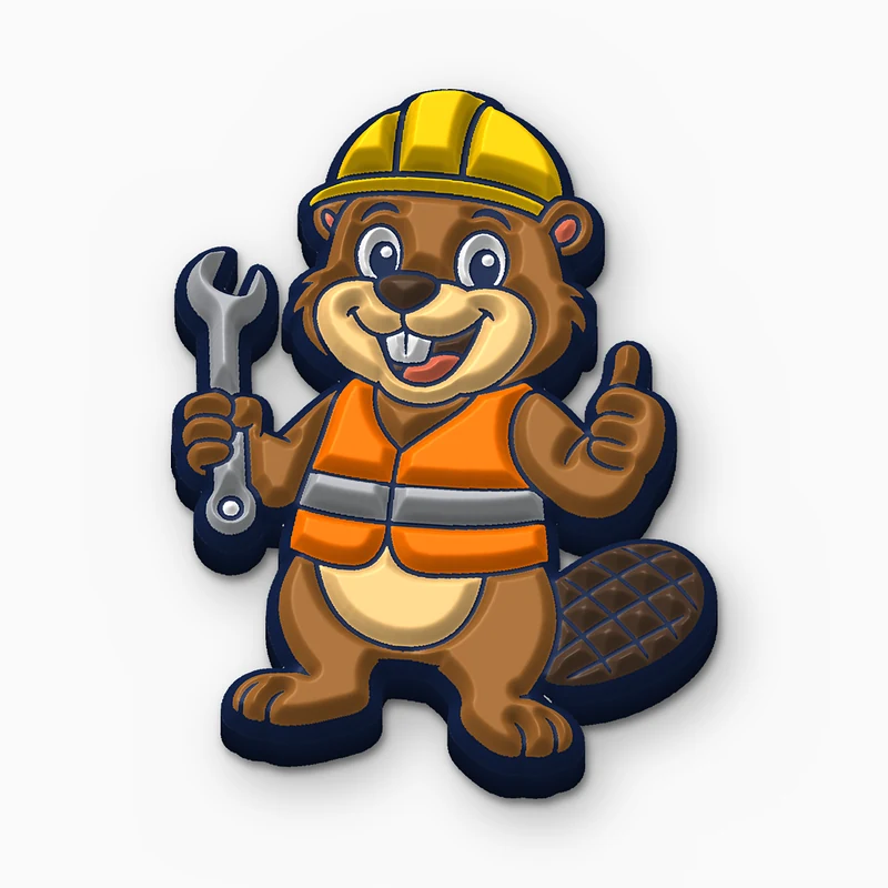 Pin de PVC suave de un castor mascota sonriente con casco amarillo y chaleco de seguridad naranja, con una llave en la mano y el pulgar arriba