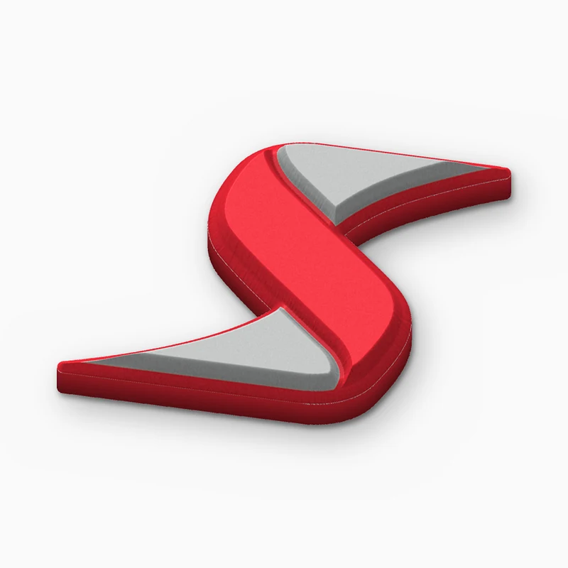 Pin de PVC suave de un logo en forma de S rojo y gris, visto de frente en ángulo