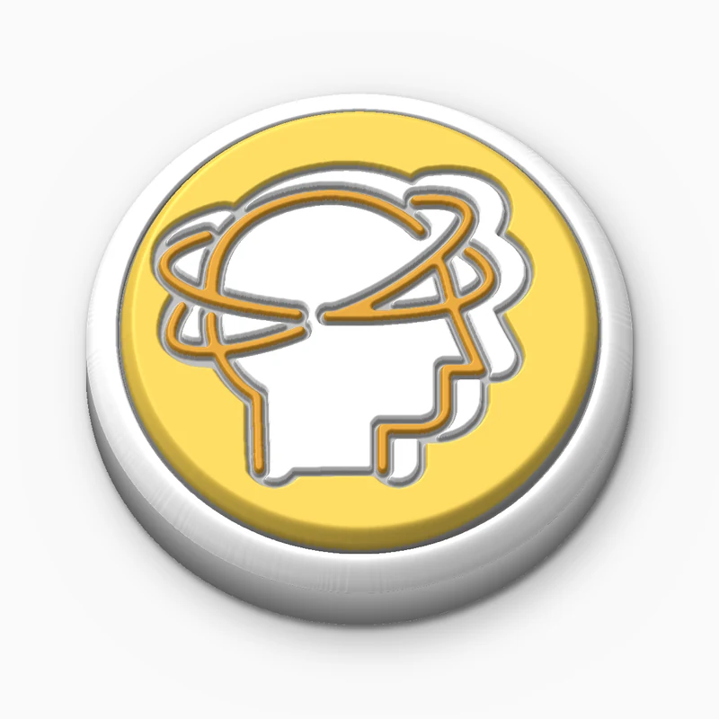 Pin redondo de PVC suave amarillo con borde blanco en relieve y la silueta blanca de una cabeza rodeada de órbitas naranjas
