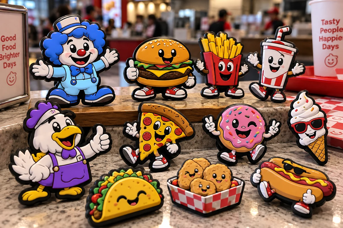 Pins de PVC suave de colores con mascotas de comida rápida, entre ellas un payaso, una hamburguesa, papas fritas, una bebida, un pollo, una rebanada de pizza, una dona, un cono de helado, un taco, nuggets y un hot dog, exhibidos sobre el mostrador de un restaurante