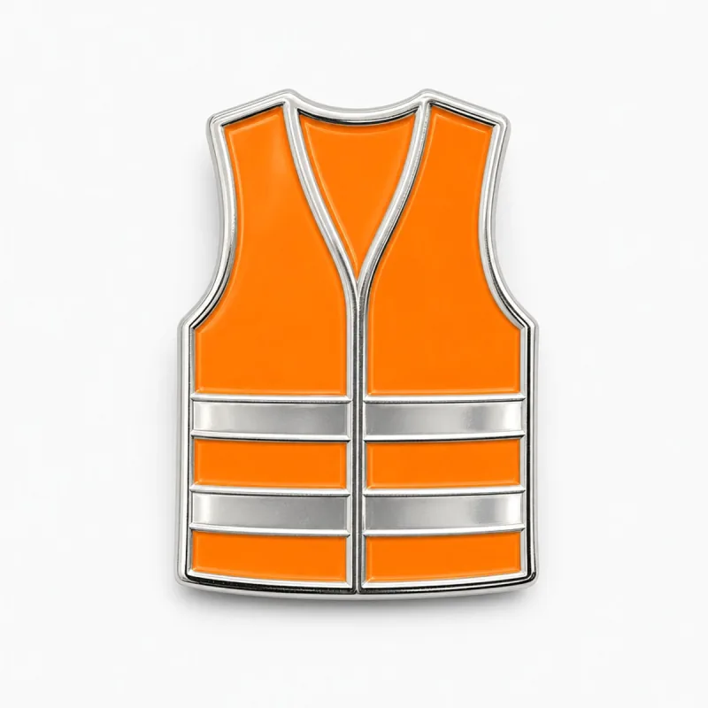 Pin troquelado de chaleco naranja de alta visibilidad con franjas reflectantes plateadas.