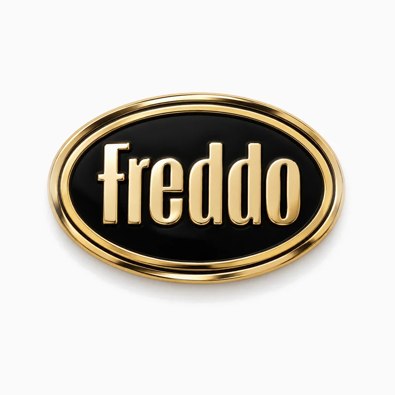 Pin ovalado dorado con esmalte negro y letras doradas en relieve Freddo