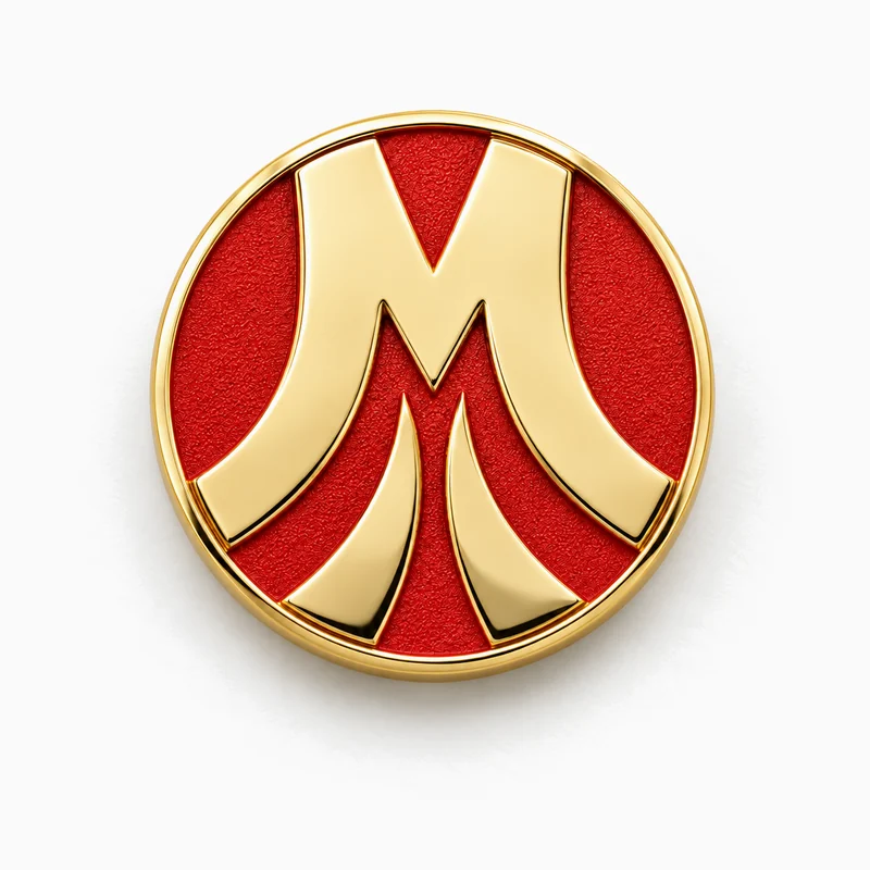 Pin redondo dorado con una M estilizada sobre esmalte rojo texturizado