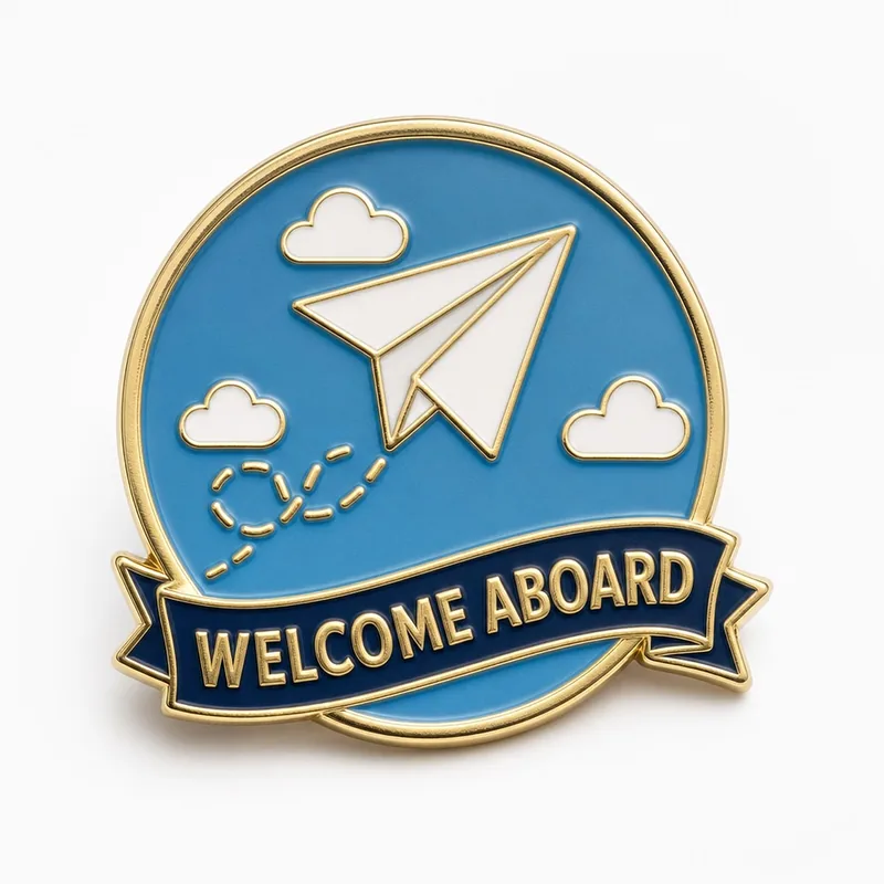 Pin ilustrativo redondo de esmalte suave de bienvenida con un avión de papel blanco sobre un cielo azul y una cinta azul marino con el texto WELCOME ABOARD