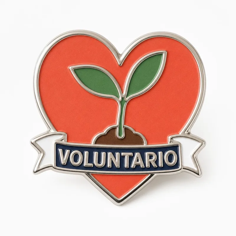 Pin ilustrativo de esmalte suave en forma de corazón para voluntariado con un brote verde sobre esmalte coral y una cinta con el texto VOLUNTARIO