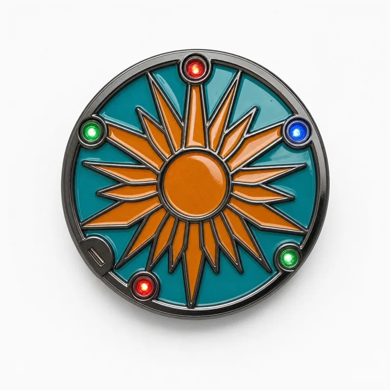 Pin redondo con baño de níquel negro, con un diseño de sol en verde azulado y naranja y pequeñas luces LED encendidas alrededor del borde.