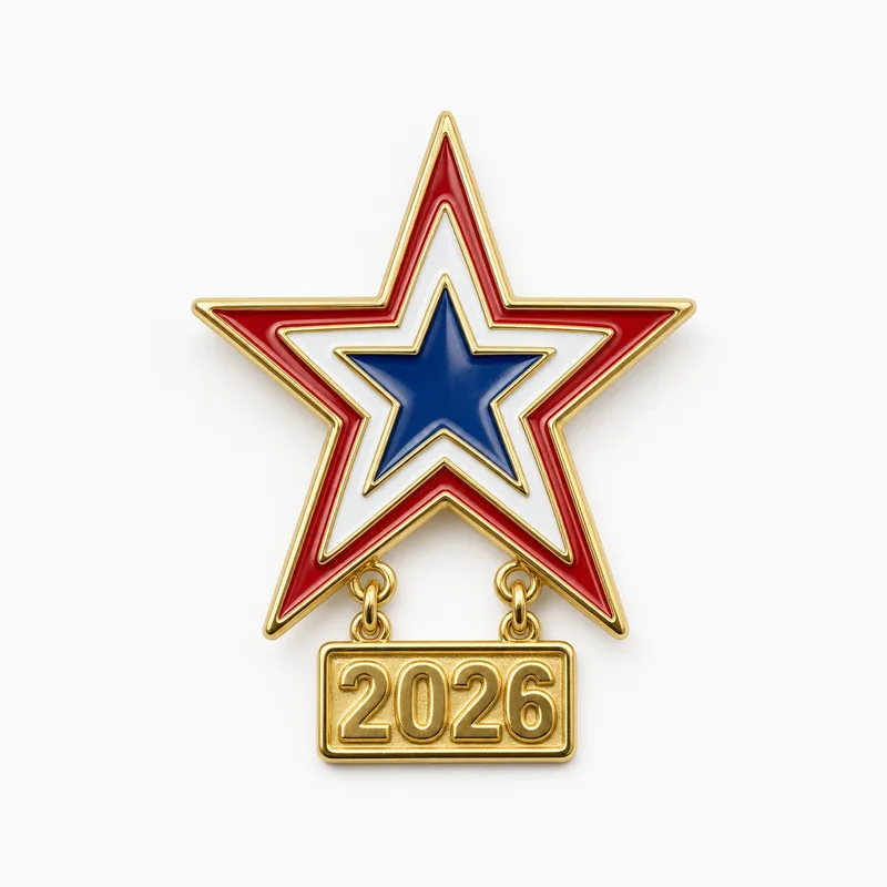 Pin en forma de estrella en esmalte rojo, blanco y azul, con una pequeña placa dorada «2026» colgando de dos argollas.