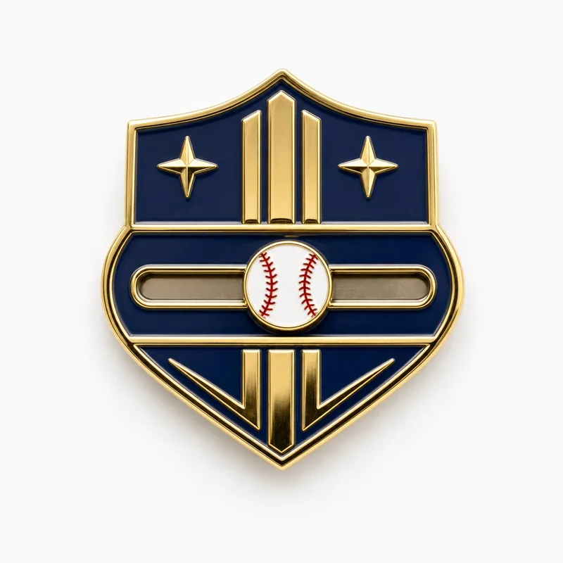 Pin en forma de escudo dorado y azul marino con un riel horizontal y un disco separado de pelota de béisbol blanca que se desliza de un lado a otro.