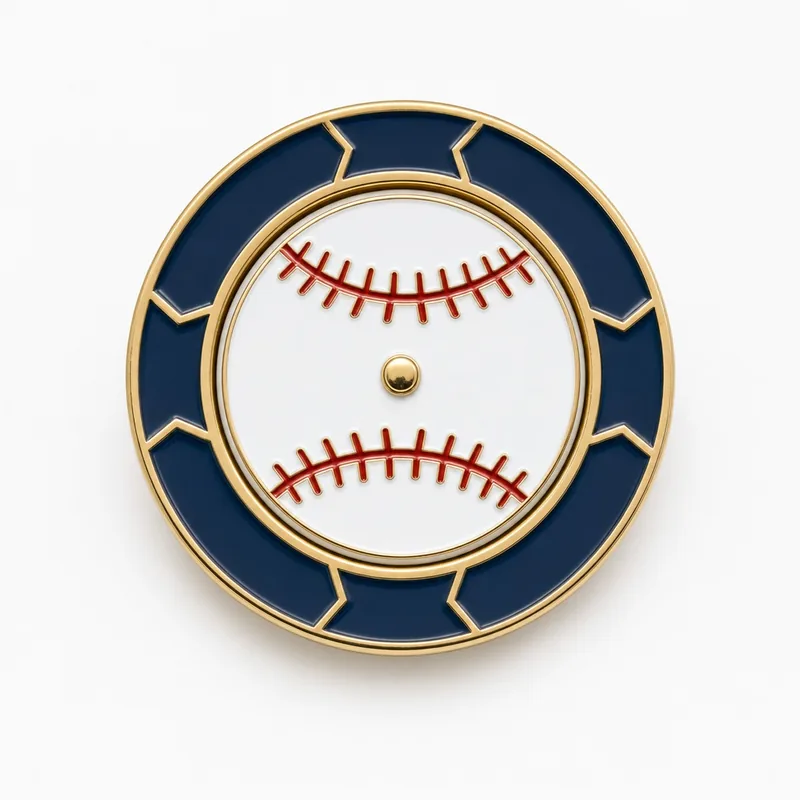 Pin redondo dorado con un aro exterior azul marino y dorado, y un disco central con una pelota de béisbol que gira sobre un pequeño remache.