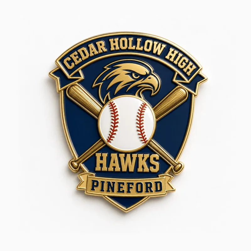 Pin en forma de escudo con baño dorado, con una pelota de béisbol blanca sobre dos bates cruzados y una cabeza de halcón dorada sobre esmalte azul marino, con las leyendas «Cedar Hollow High», «Hawks» y «Pineford».