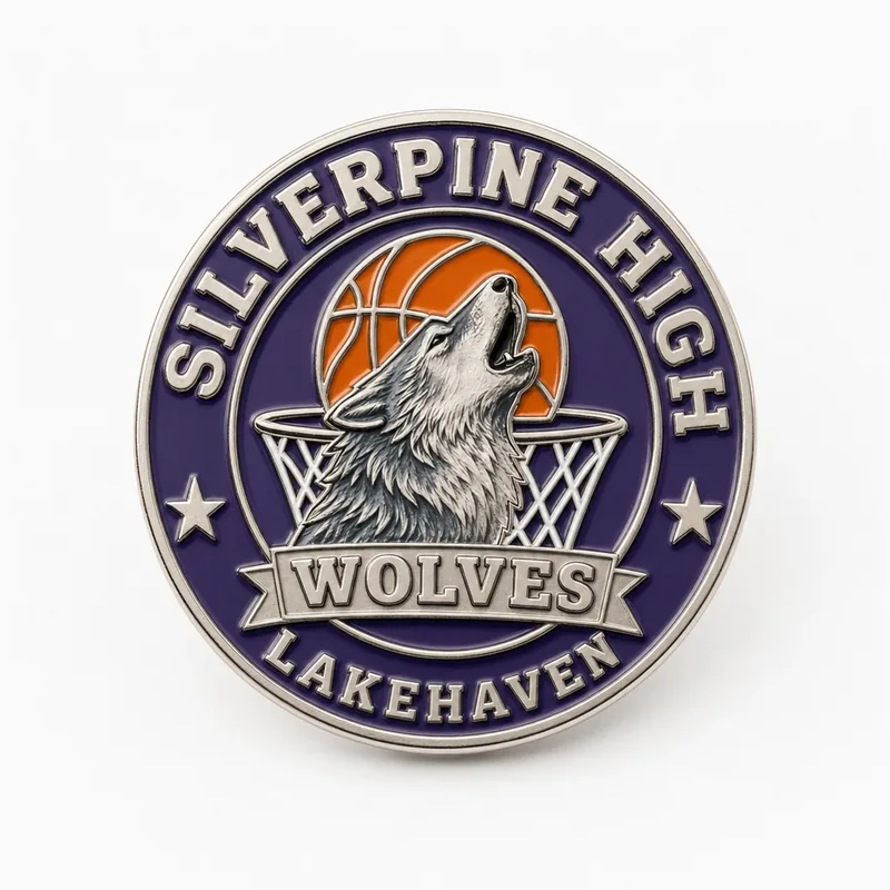 Pin redondo con baño de níquel plateado, con un lobo aullando frente a un balón de baloncesto y un aro sobre esmalte morado, con las leyendas «Silverpine High», «Wolves» y «Lakehaven».