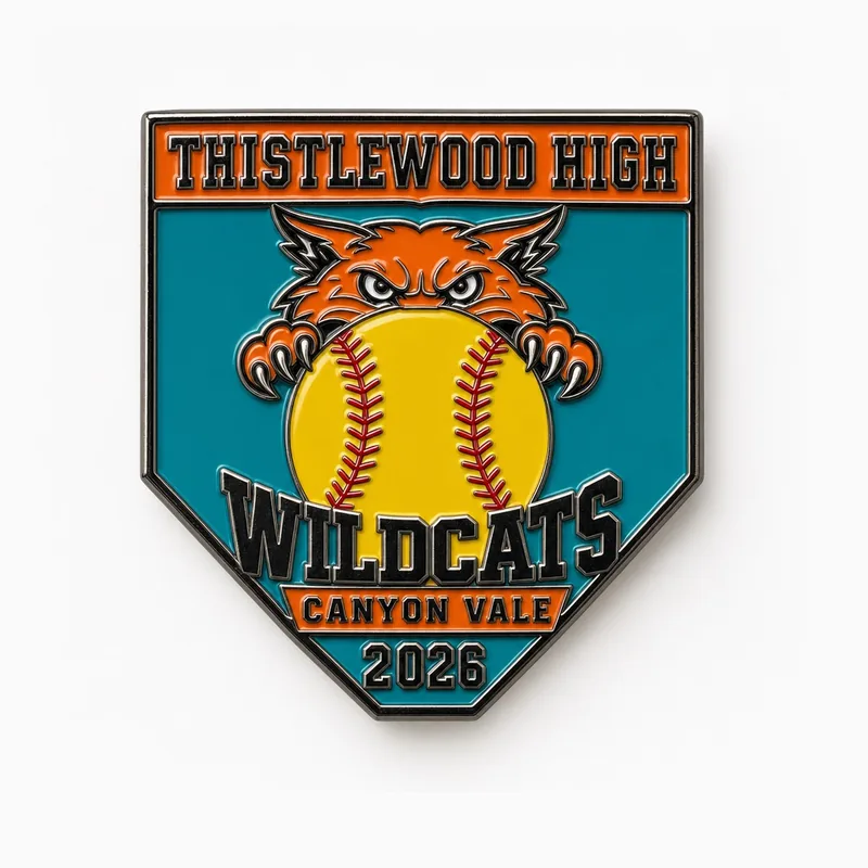 Pin en forma de home con baño de níquel negro, con una cabeza de gato montés naranja sobre una pelota de sóftbol amarilla en esmalte verde azulado, con las leyendas «Thistlewood High», «Wildcats», «Canyon Vale» y «2026».
