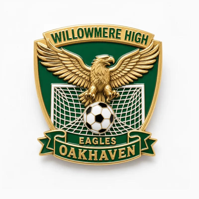 Pin en forma de escudo con baño dorado, con un águila dorada de alas abiertas sobre un balón de fútbol y la red de la portería en esmalte verde, con las leyendas «Willowmere High», «Eagles» y «Oakhaven».