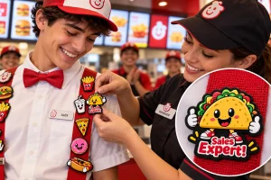 Una jefa de local coloca un pin de taco "Sales Expert!" en el uniforme de un colaborador sonriente, frente al mesón de un restaurante de comida rápida