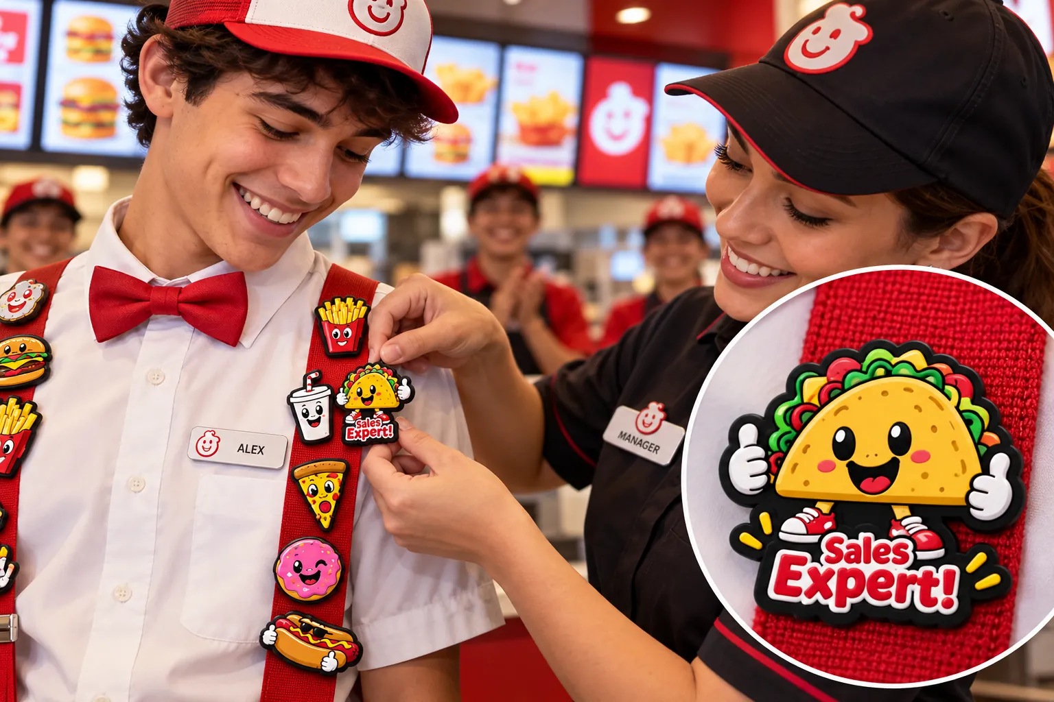 Una jefa de local coloca un pin de taco "Sales Expert!" en el uniforme de un colaborador sonriente, frente al mesón de un restaurante de comida rápida