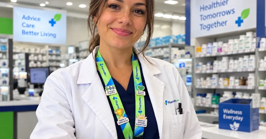 Colaboradora de farmacia con lanyard personalizado y pines de reconocimiento