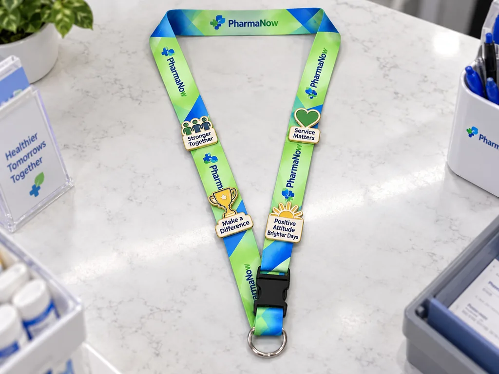 Lanyard personalizado con pines de reconocimiento sobre mostrador de farmacia
