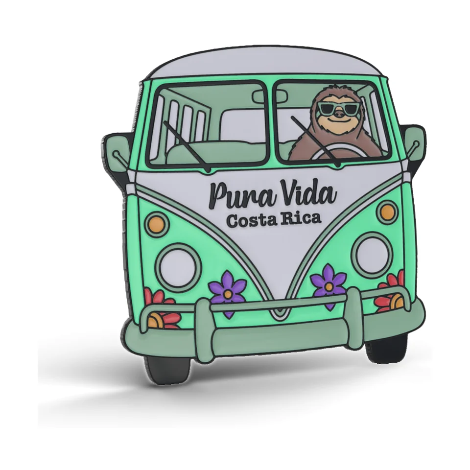 Imán de metal recortado de una combi vintage verde menta manejada por un perezoso, con flores al frente y el texto Pura Vida Costa Rica.