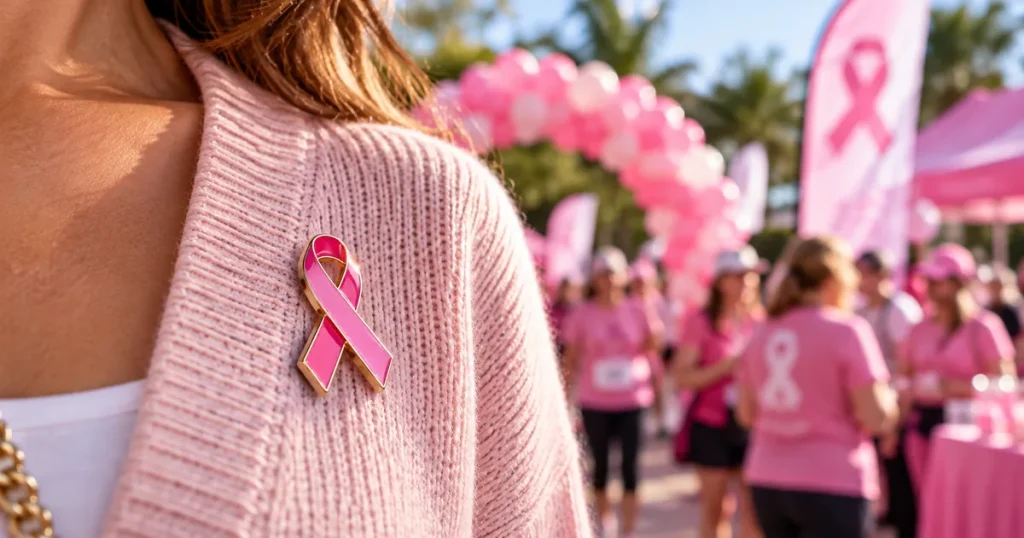 Piocha de cinta rosa contra el cáncer de mama en un chaleco rosado durante una caminata solidaria