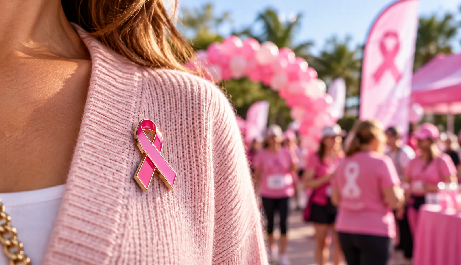 Piocha de cinta rosa contra el cáncer de mama en un chaleco rosado durante una caminata solidaria