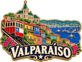 Pin de esmalte con un ascensor de Valparaíso subiendo un cerro