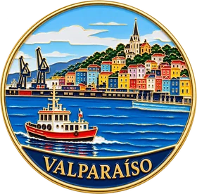 Pin redondo de Valparaíso con casas de colores, bahía y gaviotas