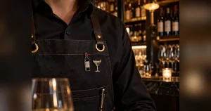 Bartender con pechera y pines de esmalte personalizados de botella y coctel