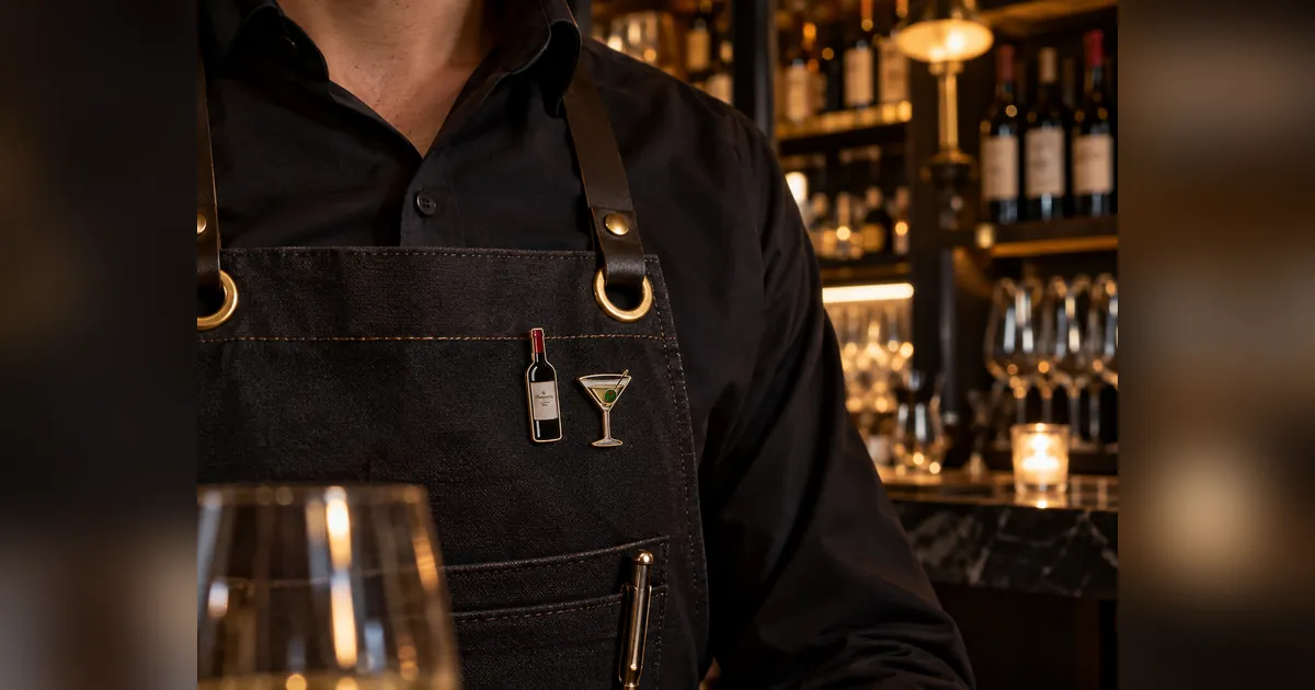 Bartender con pechera y pines de esmalte personalizados de botella y coctel