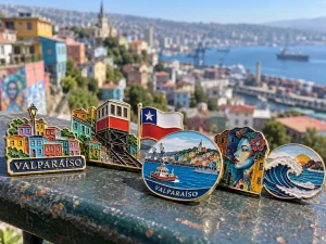 Pins souvenir de Valparaíso con ascensores, cerros y casas de colores