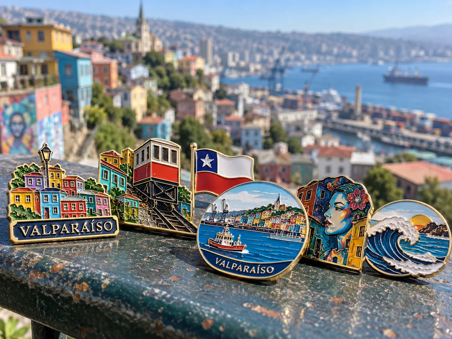 Pins souvenir de Valparaíso con ascensores, cerros y casas de colores