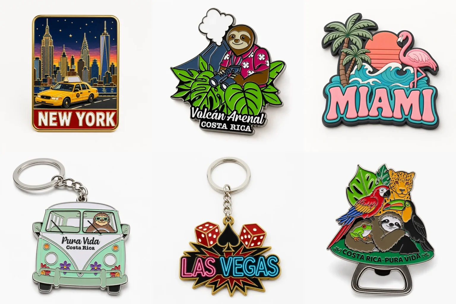 Composición de souvenirs personalizados: pin de Nueva York, imán del Volcán Arenal, imán de PVC de Miami, llavero camper Pura Vida Costa Rica, llavero de Las Vegas y destapador de Costa Rica.