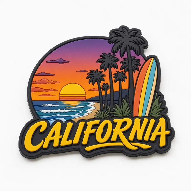 Imán de PVC suave para el refrigerador con palmeras, una tabla de surf y el mar al atardecer, con el texto CALIFORNIA.