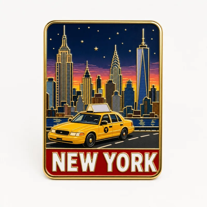 Pin souvenir rectangular de esmalte con el perfil estilizado de Nueva York al anochecer, un taxi amarillo y un estandarte rojo con el texto NEW YORK.